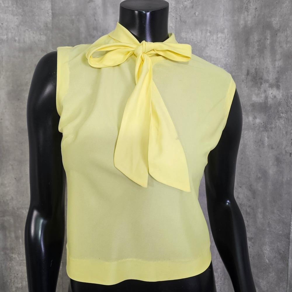 Vintage 60s 70s Lemon Yellow Pussycat Bow Neck Sleeveless Mod Blouse Top M